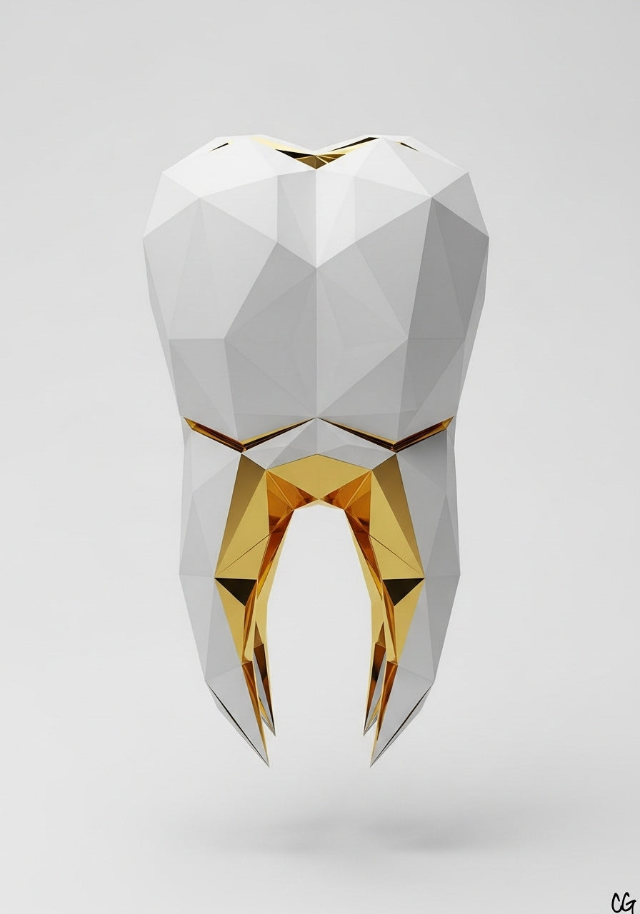 "Geometría Dental: La Joya de Oro y Blanco."